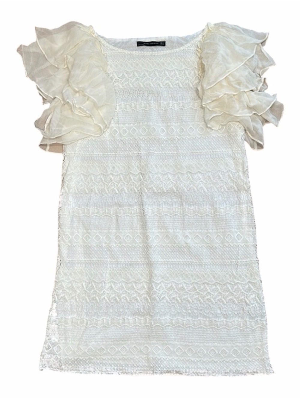 Zara Cream Lace Dress • 90’s Zara • Silk and Cotton Flutter Sleeve Dress‎